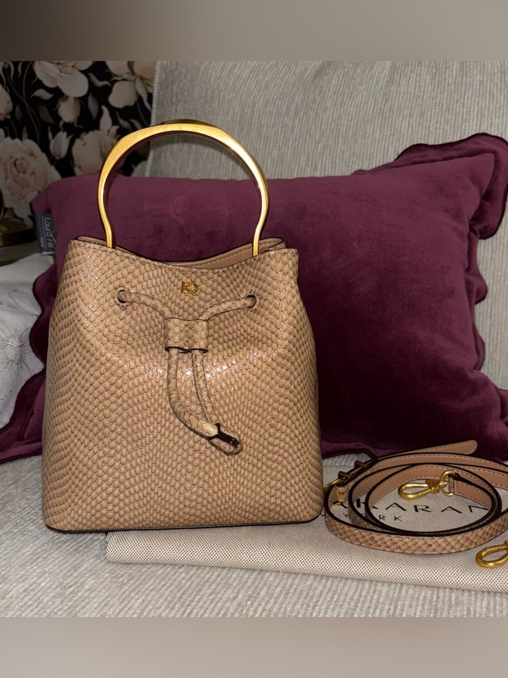 Unbranded Beige Textured Bucket Bag with Gold Handle
